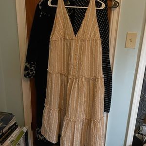 ASOS maternity dress, striped yellow and white button up, triangle bust, tiered.